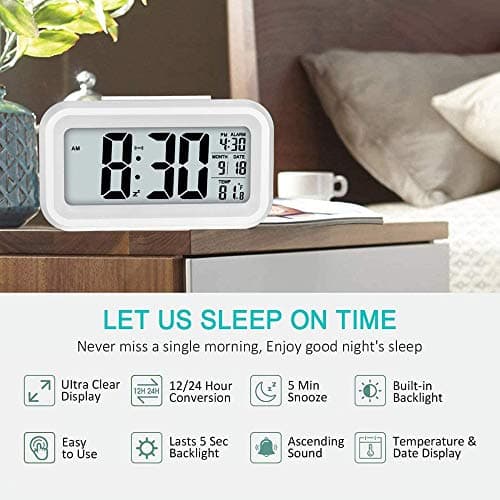 Réveil Électronique LED Réveil Matin Alimenté par USB Réveil Numérique Opération Facile Snooze 12/ 24H (Blanc)
