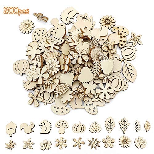 Dylan-EU 200 pièces Tranche en Bois Fleur en Bois Mixte Formes de Feuilles en Bois pour Arbre de Noël Mariage Bricolage Scrapbooking Anniversaire de Mariage Décoration de Table