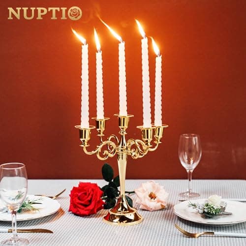 Nuptio Candélabres Bougeoirs Dorés 5 Bras en Métal Bougeoirs 27cm Haut Bougeoir Conique pour Mariage Fête d'anniversaire Table À Manger Salon Cheminée Décorations Noël