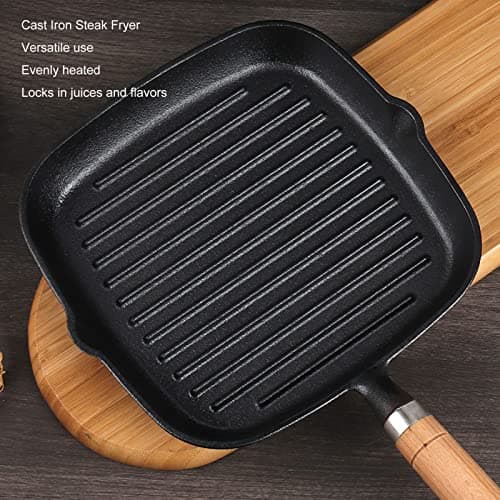 Poele Fonte, Poêle à Griller En Fonte, Grill à Steak, Bâtons Quadrate En Fonte Steak Pan, Plaque De Cuisson Antiadhésive Poêles à Griller Avec Poignée En Grain De Bois, Pour Griller, Frire, Sauter