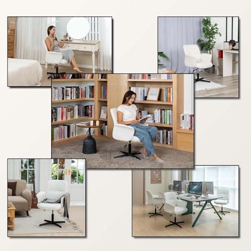 MEUBLE COSY Chaise de Bureau Fauteuil Coiffeuse Chambre Ergonomique Siège Pivotant Hauteur Réglable avec Accoudoir en Bouclette sans roulettes Capacité 120 kg Blanc, 66x63x82-94cm