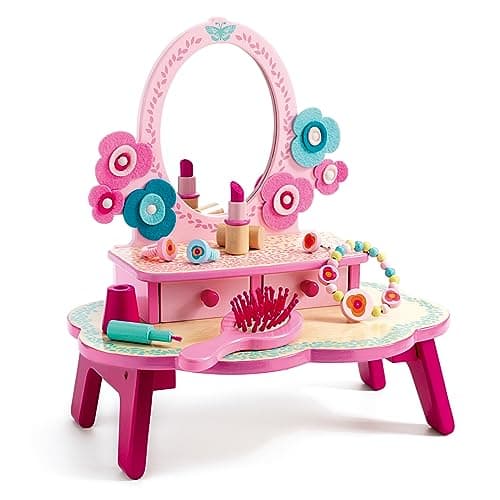 DJECO Coiffeuse en Bois Flora Rose, dès 4 Ans - Jeux d'Imitation & Créativité - Montage Facile - 1 Coiffeuse avec Tiroirs, 1 Miroir, 7 Accessoires Beauté en Bois - L28.5 x l18.7 x H29.7cm