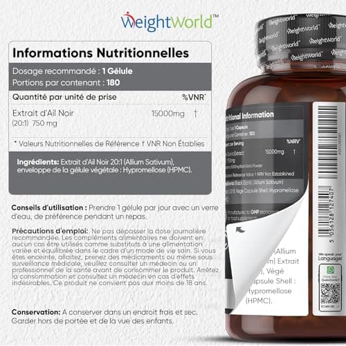 Ail Noir Fermenté 15000mg Extra Fort - 180 Gélules Vegan - S-Allylcystéine Allium Sativum Puissant (20:1) Allicine Inodore & Saveur - Riche En Vitamines & Minéraux - Ail Noir Gélules Garlic Capsules