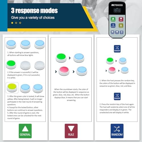Retekess TM102 Buzzer pour Jeux de Questions, Buzzer Connecté, 3 Modes de Réponse, Mode Aléatoire, Avertissement de Batterie Faible, pour Les Compétitions Scolaires, Les Tests de Quiz