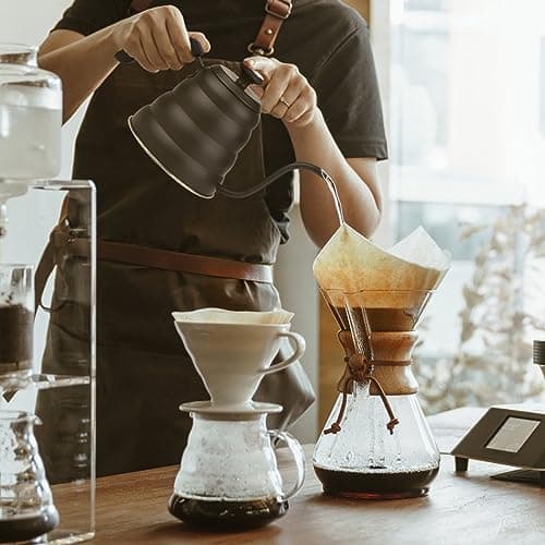 EFUTURETIME Bouilloire Noire Col de Cygne Inox Gaz, Theiere 1.2 L avce Thermomètre, Gooseneck Kettle pour Gaz, Induction avce Poignée Résistante à la Chaleur