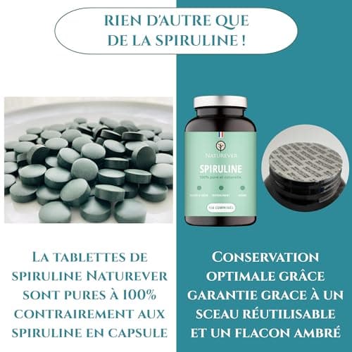 Spiruline - Naturever - Qualité supérieure, 100% pure et naturelle, sans excipients, séchée à froid, 22% de Phycocyanine, 550 cpr Vegan 500mg, Protéine, Fer, Antioxydants - Conditionnée en France