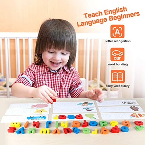 Coogam Voir Orthographe Jouet d'apprentissage en Bois ABC Alphabet Flash Cartes Correspondant Forme Lettre Jeux Montessori Préscolaire Tige Jouets Éducatifs Cadeau pour Tout-Petits Enfants