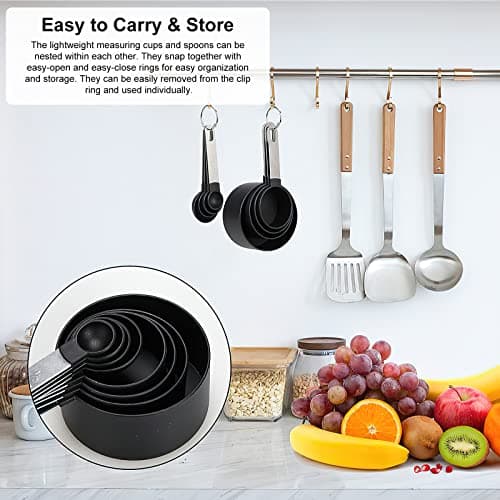 Measuring Cups, HENGBIRD Ensembles de cuillères doseuses, Lot de 8 Ensemble cuillère à mesurer et Tasse à mesurer avec poignées en acier inoxydable pour liquides et solides (Noir)