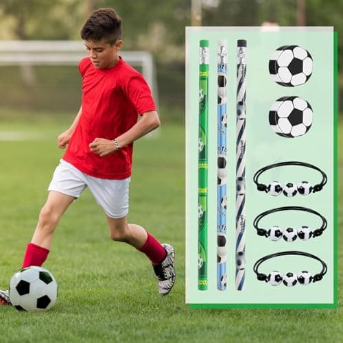 XIAQICA 12 Crayons de Football avec Gomme+ 12 Gommes de Football en Plastique + 12 Bracelet Tressé Football Réglable Ensemble Papeterie Football Enfant Remplisseurs de Sacs de Fête de Football