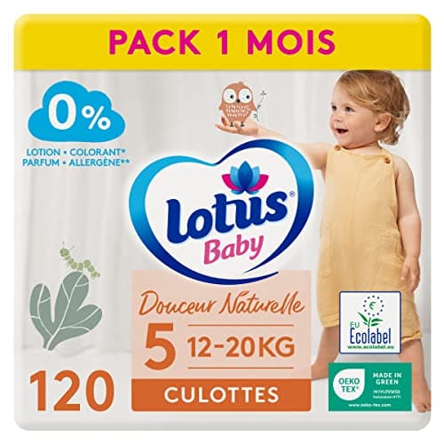 Lotus Baby Douceur Naturelle - Couches-culottes Bébé Taille 5 (enfant 12-20 kg) Pack 1 Mois - 120 Culottes