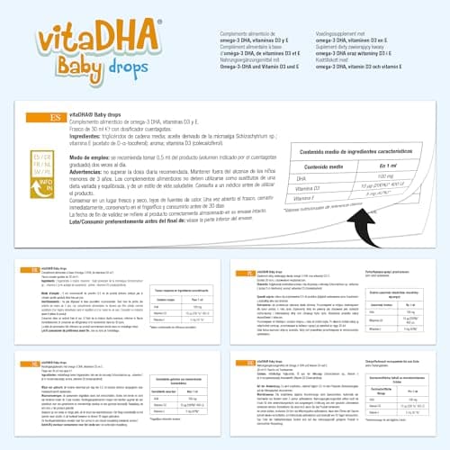 VitaDHA Baby drops – Complément alimentaire d'oméga-3 DHA pur - Avec vitamine D3 et E - Pour bébés et enfants - Sans gluten ni lactose - Goût lait et crème - Compte-gouttes pratique - 30 ml