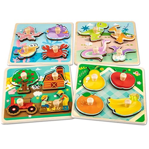 Funsland Puzzle Bois Bebe, 4 Pièces Puzzle en Bois Enfant À Puzzle Encastrement de Animaux, Fruits, Animaux Marins, Jouet Éducatif, Montessori Jouets Cadeaux pour Bebe 1 2 3 an