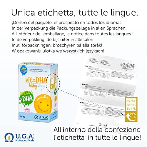 VitaDHA Baby drops – Complément alimentaire d'oméga-3 DHA pur - Avec vitamine D3 et E - Pour bébés et enfants - Sans gluten ni lactose - Goût lait et crème - Compte-gouttes pratique - 30 ml