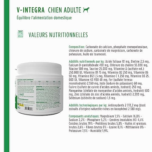 V-INTEGRA Chien Adulte - Supplément Complet Riche en vitamines et minéraux pour la Ration ménagère et Barf des Chiens Adultes - 500 g - Produit en Italie