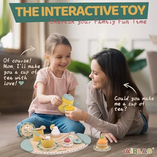 Airlab Service à Thé Bois Bébé, Jeux Rôle Tea Party, Jouet Éducatif Éveil Montessori, Gâteau Dessert Dinette Jouet Cuisine, Cadeau Créatif Anniversaire Pâques Halloween Noël Enfant Garçon Fille 3+ Ans