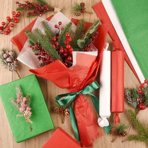 NEBURORA Assortiment de 60 feuilles de papier de soie de Noël 50 x 35 cm Rouge Vert Blanc Gris Papier d'emballage cadeau en vrac pour cadeaux de vacances, sacs artisanaux et décorations de fête