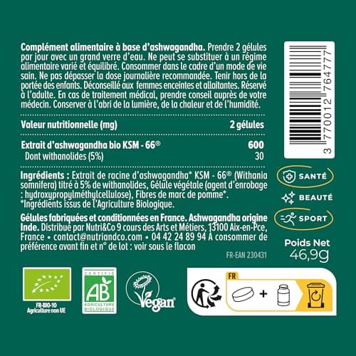 NUTRI & CO Ashwagandha BIO KSM-66® - Dosage Clinique 600mg - Extrat Fort 5% Withanolides - 120 gélules Vegan - Anti Stress Naturel - Aide Sommeil & Musculation - Extrait 100% Pur - Fabriqué en France