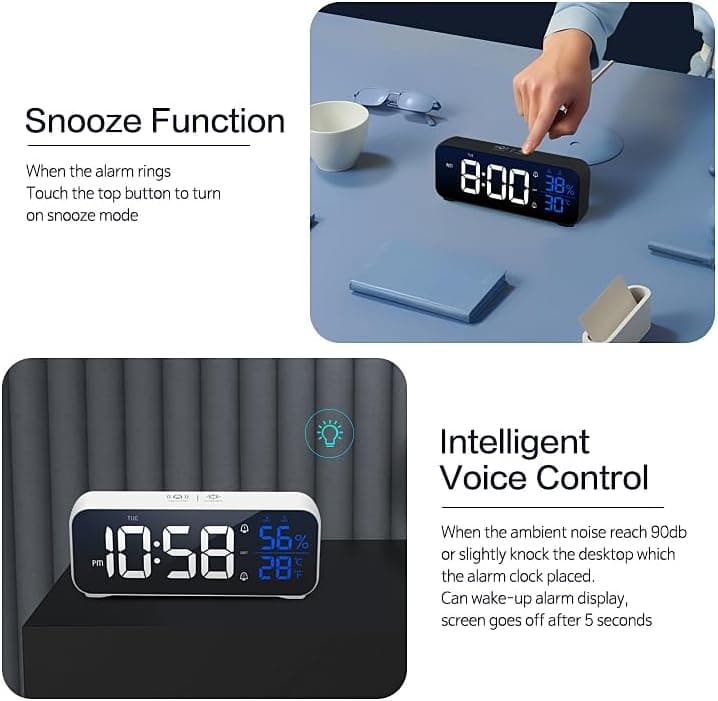 Reveil Matin, Réveil Numérique Miroir LED avec Fonction Snooze, Grand écran avec Affichage de la Température, Alarm Clock, Réveil Lumineux Alimenté par USB, Reveil avec 12/24H