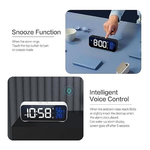 OWYELO Réveil Numérique, Horloge Numérique avec Grand écran LED, LED Horloge Digitale Réveil avec Fonction Snooze, Alarme de Miroir Portable avec Double Alarme, Charger USB, 12/24 H, Blanc