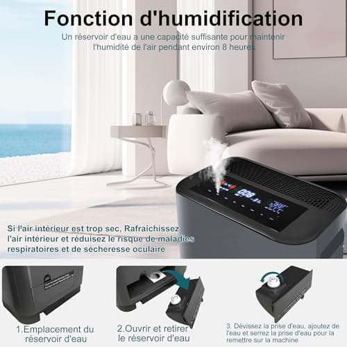ISSELEC 2 en 1 purificateur d'air et humidificateur H13 filtre à air haute efficacité ioniseur taille de pièce jusqu'à 40m2, Filtre 99,97% des poils d'animaux domestiques/pollen/fumée/odeur
