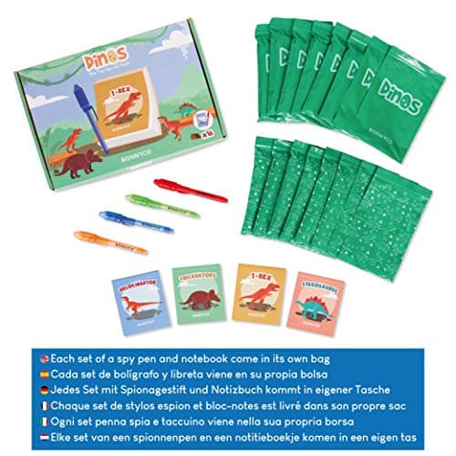 BONNYCO Stylo Encre Invisible et Carnet de Notes, Pack 16 Dinosaure Petits Cadeaux Anniversaire pour les Garçons et Filles | Cadeau Anniversaire Enfants et Jouets Pinata | Anniversaire Dinosaure
