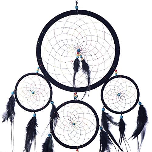 DonDon Taille XXL Attrape-rêves Dreamcatcher avec Perles et Vraies Plumes Noir - Ø 28 cm