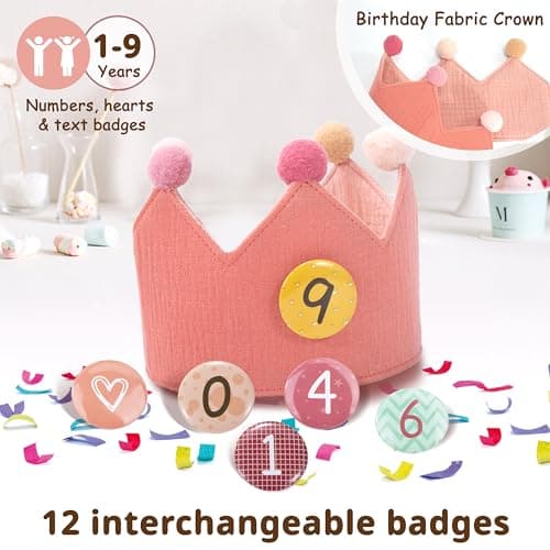 Baimuni Chapeaux d'anniversaire Couronne pour Enfants, Couronne Chapeau en Mousseline avec Tissu, Chiffres Interchangeables de 0 à 9, Réutilisable, Cadeau Decoration de fête pour Fille et Garçon