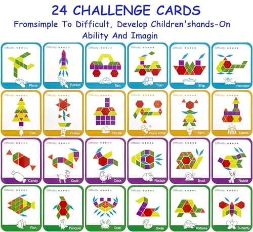 KanCai Puzzle en Bois Jouets 155 Piècess Tangrams Blocs de Modèle Classiques Jouets Montessori Jouets éducatifs avec 24 Cartes de Conception pour Enfant