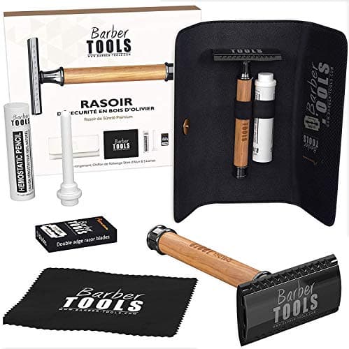 Kit de rasage - Rasoir de Sécurité/Rasoir de Sûreté + 5 doubles lames + Blaireau de rasage + savon de rasage 150ml + Pierre d'alun ✮ BARBER TOOLS ✮