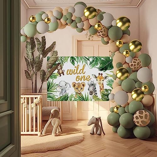 Kit Arche Ballon avec toile de fond, Decoration Anniversaire 1 an, Jungle Decoration Anniversaire Fille Garcon, kit anniversaire Garcon pour Jungle Safari Anniversaire jungle
