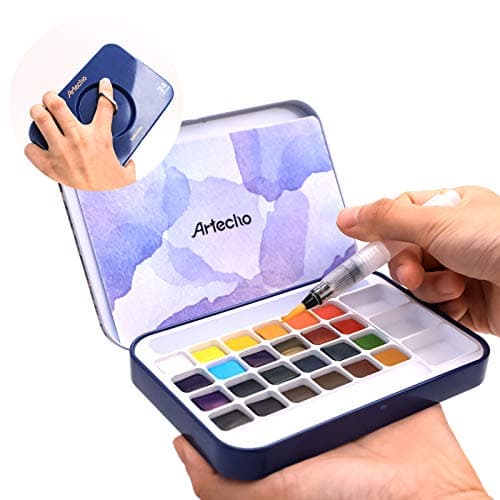 Artecho Lot de Peintures Pour Aquarelle Avec Pinceau Inclus, 24 Couleurs Eclatantes, Léger et Portable, Idée Cadeau Parfaite Pour les Artistes Débutants ou Professionnels