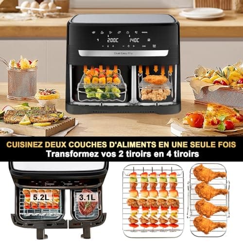 YINGRACE Dual Air Fryer Accessoires pour Moulinex EY9018 5,2/3,1 L, Cecotec Cecofry DuoSize 9L 5,5/3,5L, Deux tailles Dual tiroirs, 6PCS avec moule en silicone, grille, papier sulfurisé pour Airfryer