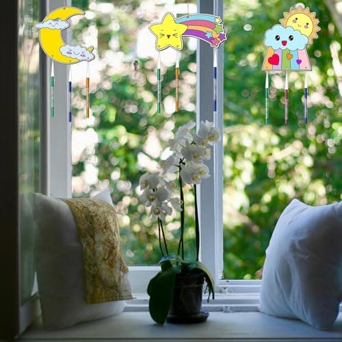 lriattp Bricolage Carillon à Vent, Bois à Peindre Décoration Suspendue DIY Activité Manuelle Anniversaire pour Enfants Loisirs Créatifs Cadeau Anniversaire Fête (Arc-en-ciel)