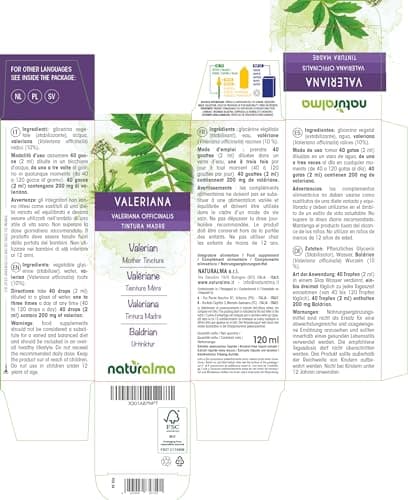 Valériane (Valeriana officinalis) racines Teinture Mère sans alcool Naturalma - Extrait liquide gouttes 120 ml - Complément alimentaire - Végétalien ou végan