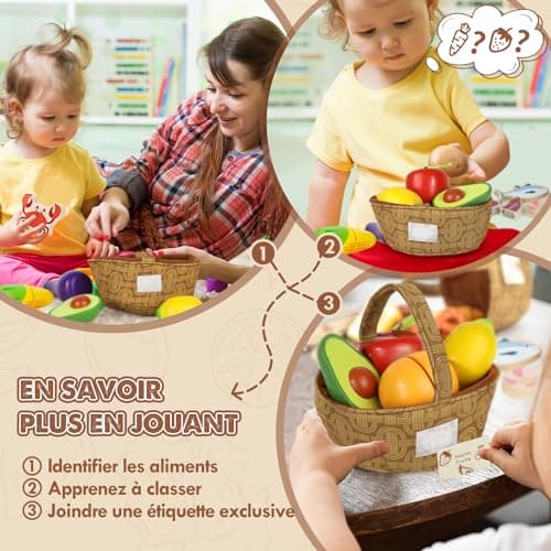 Lehoo Castle Accessoire Cuisine Enfant, Jouet de Cuisine en Bois Enfant, Accessoires Cuisine Enfant avec Panier en Tissu, Jouet Alimentaire, Jouet Montessori 3 4 5 6 7 Ans