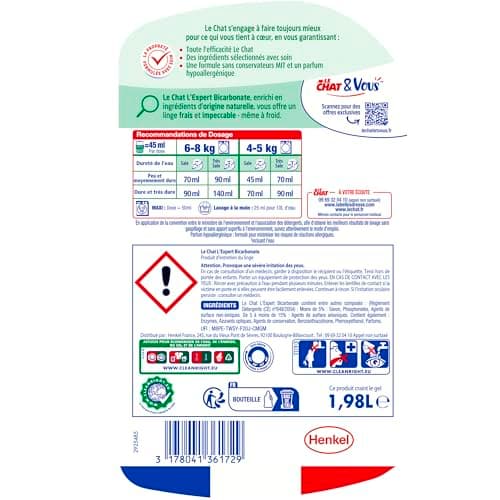 LE CHAT -Lessive Liquide l'Expert -Bicarbonate -La Propreté Formulée avec Soin -Efficacité Anti-Taches -80% d'ingrédients d'origine naturelle -Parfum Hypoallergénique -Efficace à Froid -44 Lavages