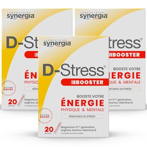 D-STRESS BOOSTER Lot de 3 + 1 Produit Synergia Offert | Magnésium de 3ème Génération + Taurine + Arginine + Vitamines B | Gère les Montées de Stress en 30 Minutes | LABORATOIRE SYNERGIA