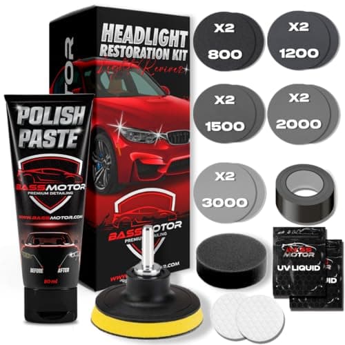 BassMotor Kit Complet pour polir les phares ternes et usés pour la restauration de voiture - Ensemble pour nettoyer et poncer pour le contrôle technique et améliorer la visibilité et la sécurité