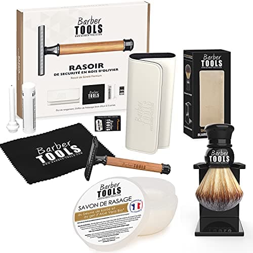Kit de rasage - Rasoir de Sécurité/Rasoir de Sûreté + 5 doubles lames + Blaireau de rasage + savon de rasage 150ml + Pierre d'alun ✮ BARBER TOOLS ✮