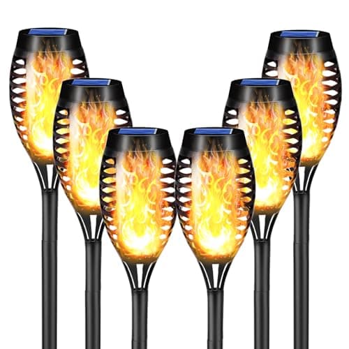 LQWELL Lampes solaires pour jardin extérieur, paquet de 6 lampes solaires à 12 LED avec effet de flamme, torches de jardin étanches IP65, éclairage solaire (Blanc chaud 6 pièces)