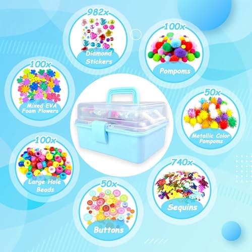 3000 Activites Manuelles pour Enfants Bricolage Enfants Kits de Loisirs Créatifs Boîte de Bricolage à 3 Niveaux avec Pipe Cleaners pour Enfants de 4-6, 6-8, 8-12 ans Cadeaux pour Filles Garçons, Bleu
