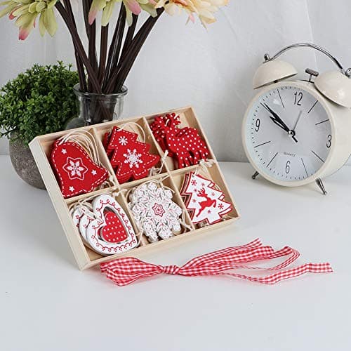 24 pcs Noël en Bois Decoration Sapin de Noel Rouge Blanc Bois Pendentifs d'arbre Decoration pour Sapin Ornement Suspension Noël Suspendu Arbre de Festival Décoration Artisanat Fête Christmas Deco