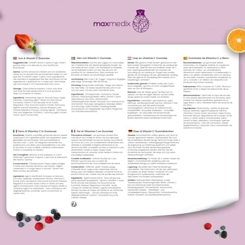 Gummies Fer avec Vitamine C - 120 Gummies Vitamine Enfant (4mois) de 3 à 12 ans - Gummies Enfant Vitamine C Acide Ascorbique & Fer Sans Allergènes - Cure Vitamine Fatigue, Os, Croissance & Immunité