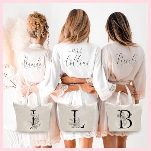Sac Fourre-Tout en Toile avec Initiale Fleur, Personnalisés Sac Tote bag en Toile Coton Trousse de Maquillage, Idéal pour Mariage Anniversaire Noël, Cadeau pour Femmes Amis Maman Sœurs T