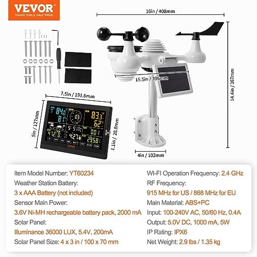 VEVOR Station Météo WiFi 7 en 1 Station Météo sans Fil Intérieur Extérieur Solaire Grand Écran Couleur 7,5 po Station Météo Numérique Capteur pour Température Humidité Vitesse Direction de Vent Pluie