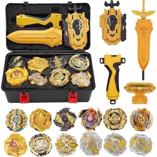 3T6B 12 Nouvelles Toupie avec 2 Lanceur Burst Turbo Jouet Arena,Gyro Pocket Box Pro (d'or)