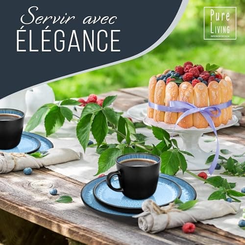 Ensemble Prestige de Services de Table: Assiettes Creuses en Porcelaine pour 6 Personnes - Élégantes Assiettes de Service pour une Expérience Culinaire Raffinée, Pure Living Noir Bleu Profond