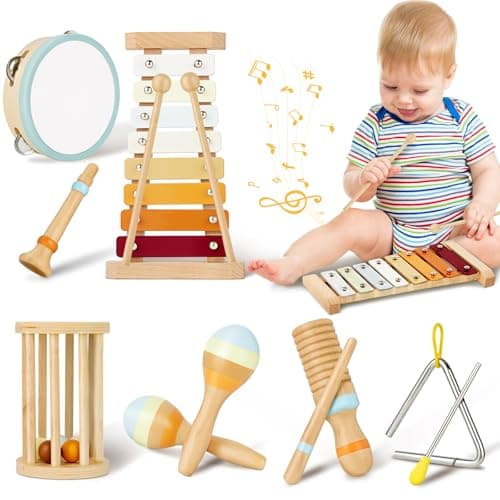 Joellfuner Instrument de Musique Bebe, Jouets Musicaux en Bois avec Xylophone, Triangle et Autre Instrument, 10 PCS Instruments Montessori, Bébé Batteries et Percussions Plus de 3+ Ans