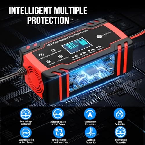 Husgw Chargeur de batterie 12V/24V 8A,chargeur intelligent doté de multiples fonctions de protection, de maintenance et de réparation automatiques,adapté aux voitures,camions,AGM,Gel et SLA (8-100 AH)