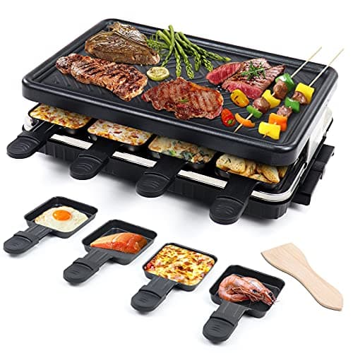 Appareil à Raclette per 8 Persone Grill Électrique de Table Plaque de Cuisson Portatile Grillles Barbecue Machine con 8 Mini Poëlons e 4 Spatole in Legno Plancha Grille Paques Electrique 1300W